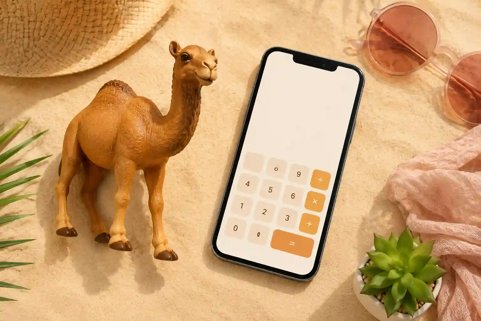 A toy camel beside a phone showing the camel calculator, on a sunny desert-toned background.