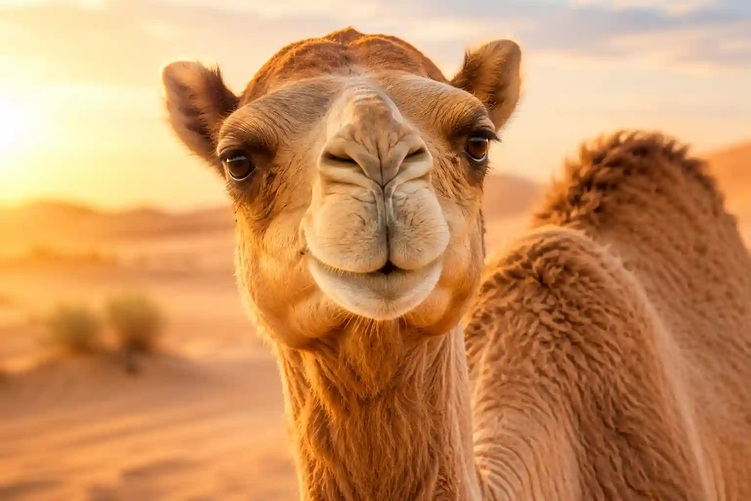 A gentle camel resting on desert dunes at golden hour, illustrating the how many camels am I worth calculator.